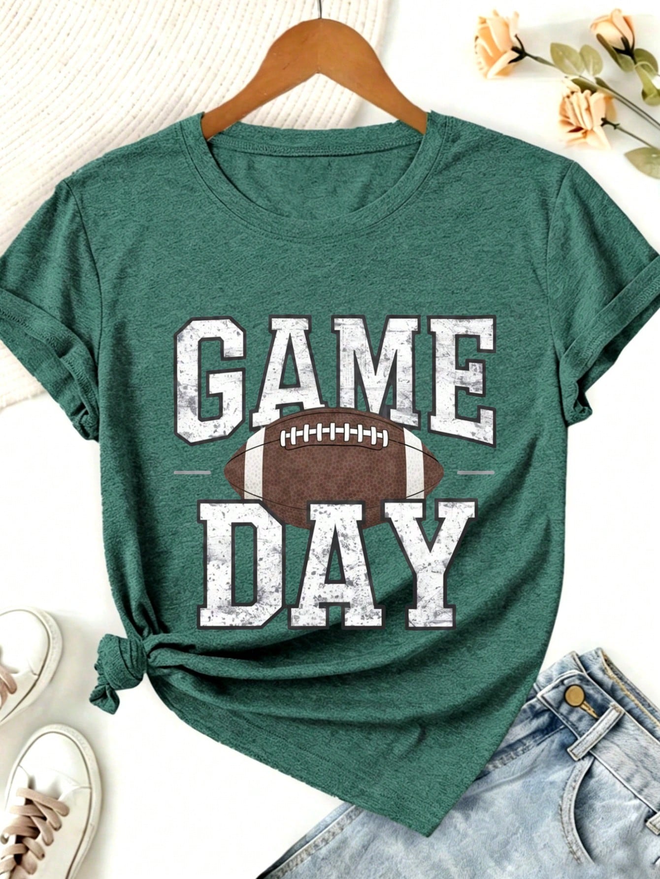 Game Day Football Print Women's Colored Cotton T-Shirt,Understated Luxury Casual Tee Y2K Style With Digital Print An Excellent Gift For Friends
