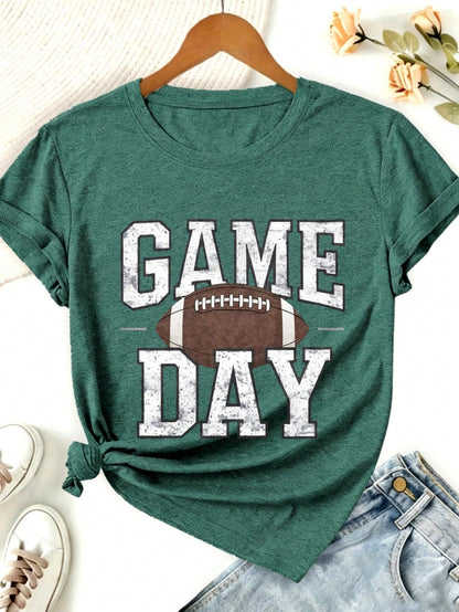 Game Day Football Print Women's Colored Cotton T-Shirt,Understated Luxury Casual Tee Y2K Style With Digital Print An Excellent Gift For Friends
