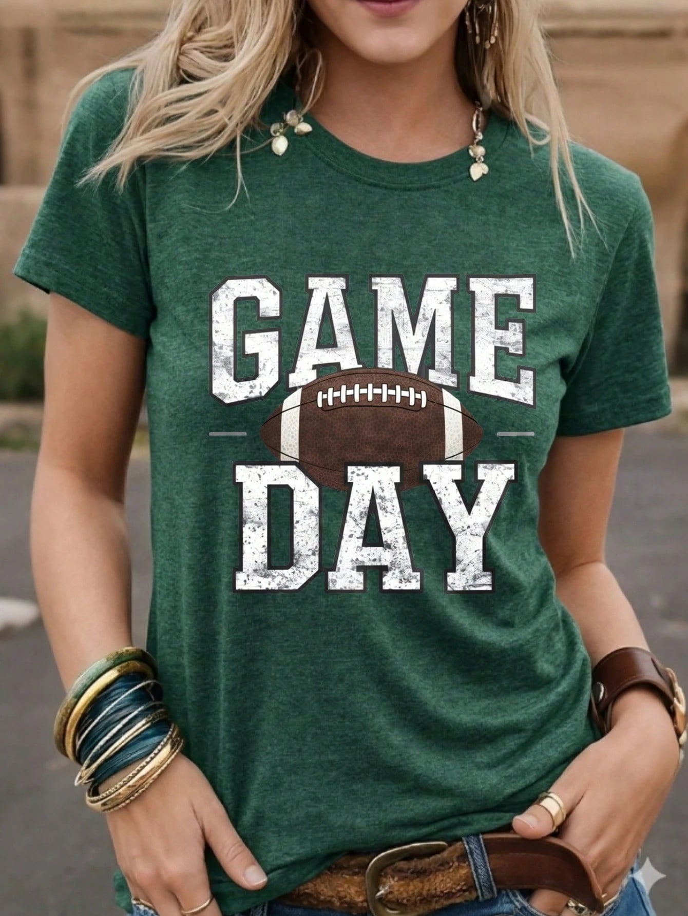 Game Day Football Print Women's Colored Cotton T-Shirt,Understated Luxury Casual Tee Y2K Style With Digital Print An Excellent Gift For Friends