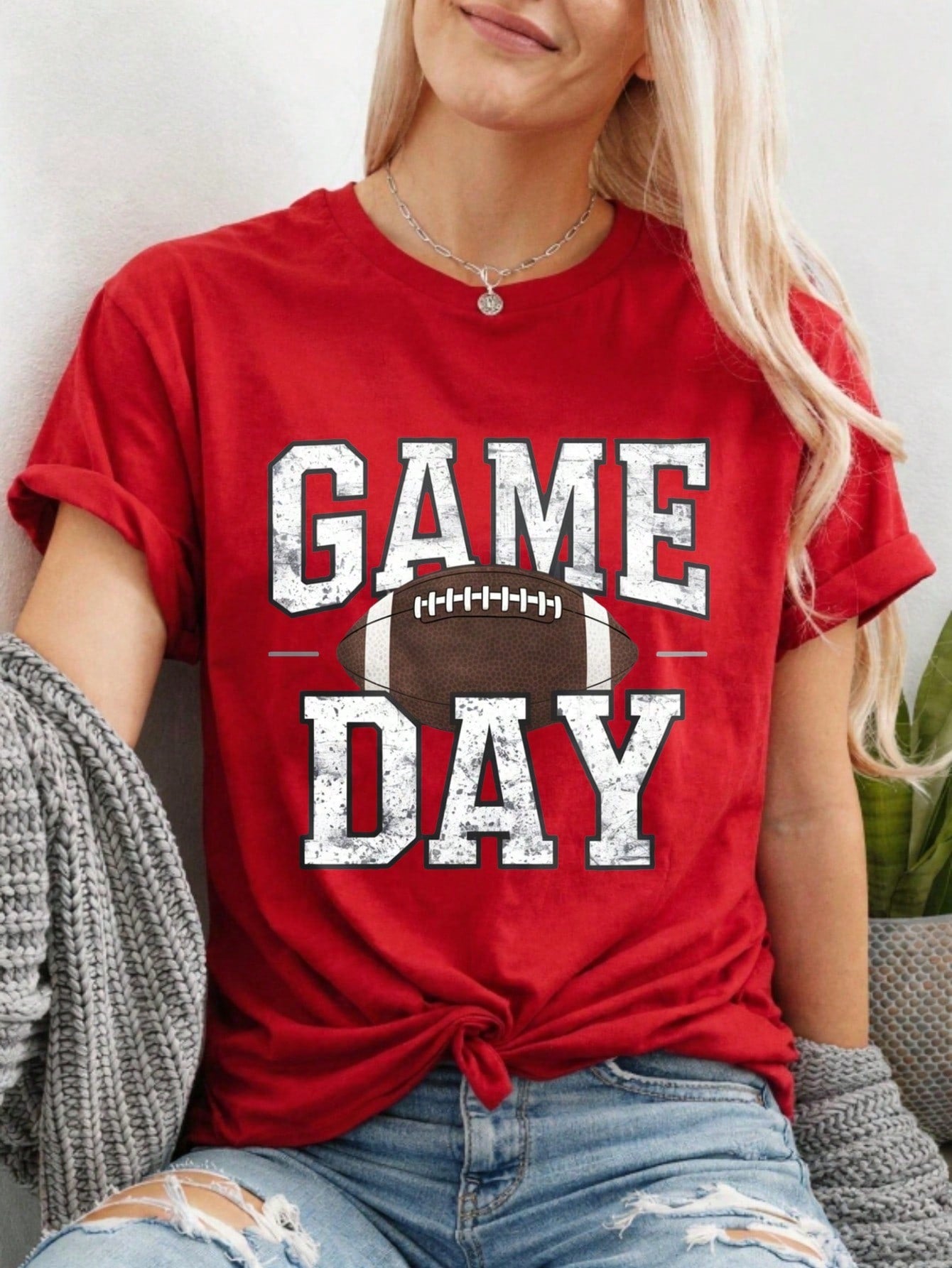 Game Day Football Print Women's Colored Cotton T-Shirt,Understated Luxury Casual Tee Y2K Style With Digital Print An Excellent Gift For Friends