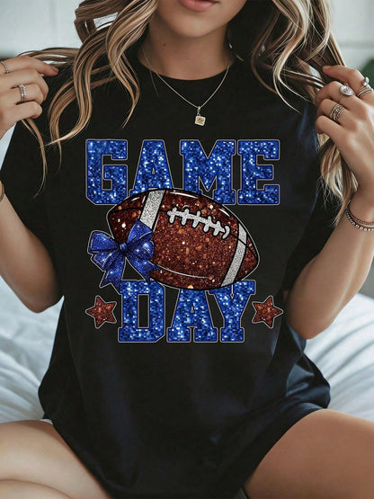 Game Day Football T Shirt With Blue Glitter Text And Bow Design Black Color For Football Fans Party Wear Fall And Winter Season