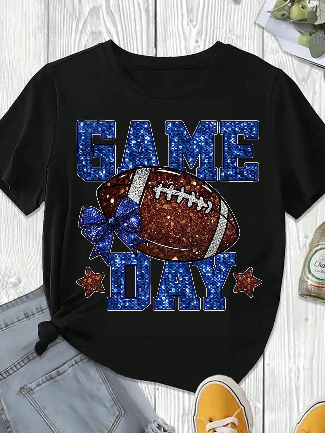 Game Day Football T Shirt With Blue Glitter Text And Bow Design Black Color For Football Fans Party Wear Fall And Winter Season