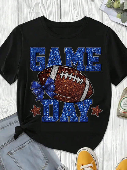 Game Day Football T Shirt With Blue Glitter Text And Bow Design Black Color For Football Fans Party Wear Fall And Winter Season