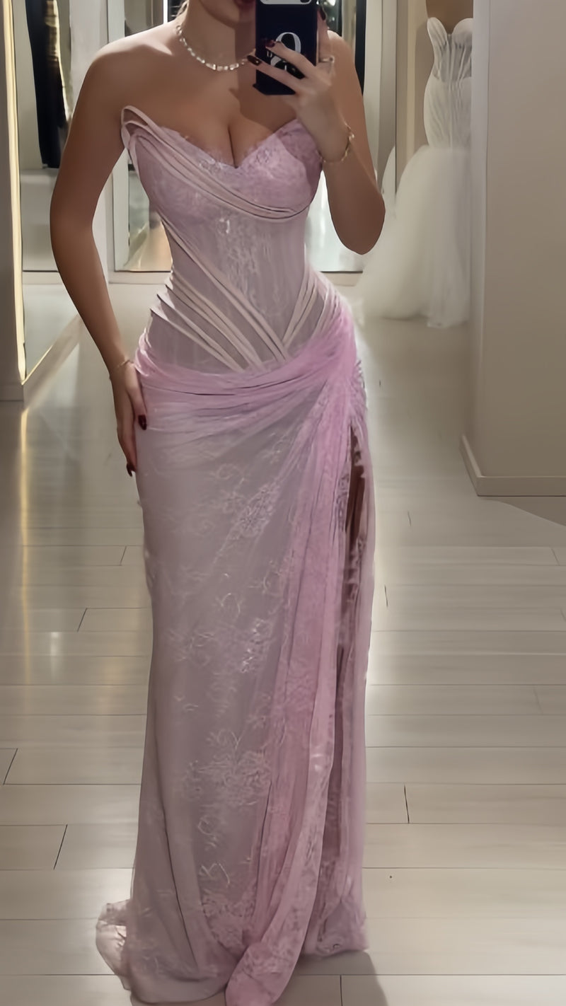 Glam Pink Sheath Long Prom Dresses Lace Sweetheart Evening Dresses with Slits Sleeveless Formal Dresses,AST2305