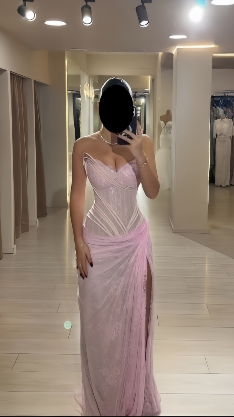 Glam Pink Sheath Long Prom Dresses Lace Sweetheart Evening Dresses with Slits Sleeveless Formal Dresses,AST2305