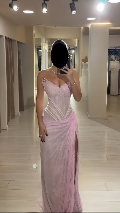 Glam Pink Sheath Long Prom Dresses Lace Sweetheart Evening Dresses with Slits Sleeveless Formal Dresses,AST2305