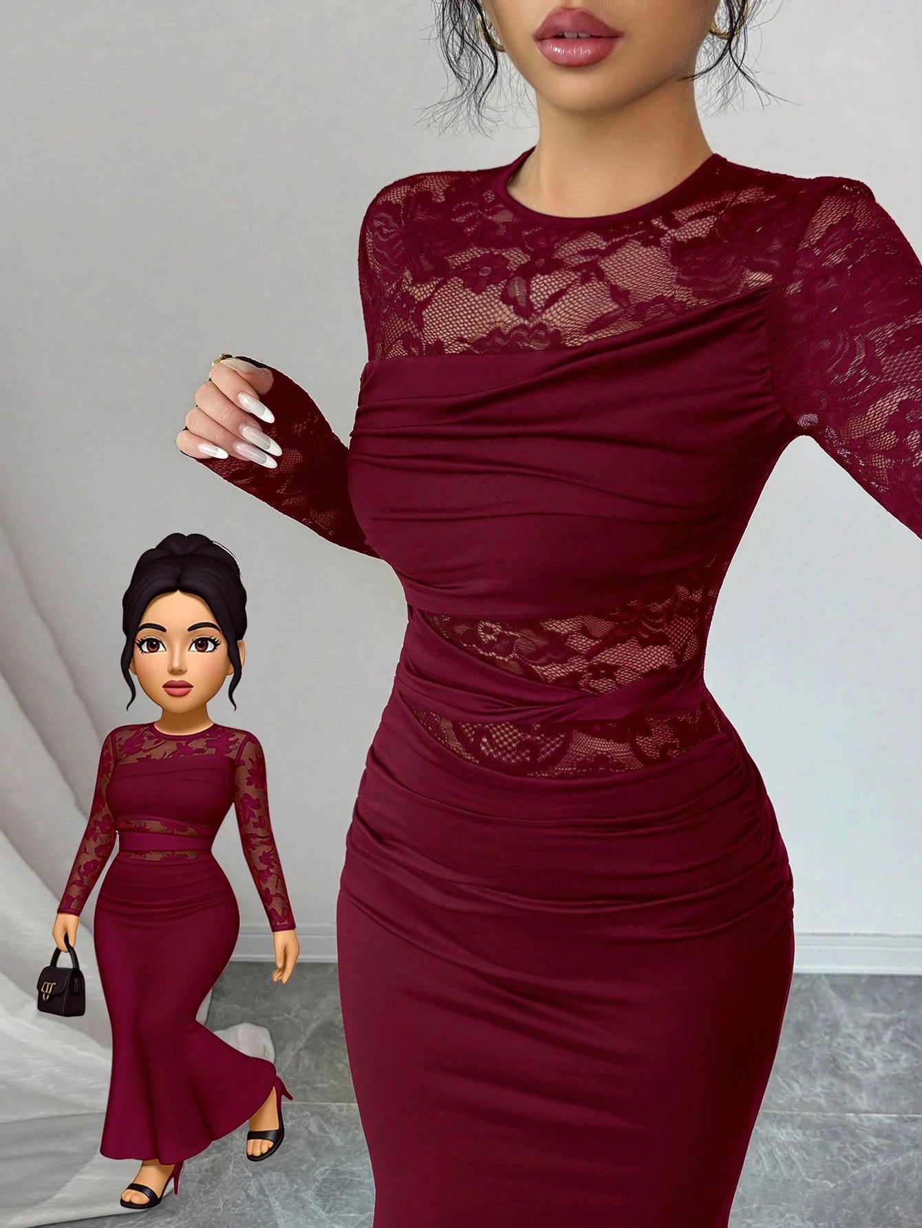 Glamine Elegant Burgundy Autumn Dress For Women, Ruched Lace Splice Milk Silk Bodycon Long Sleeve Round Neck Dress,Dining Party Slay Diva Wine Dress