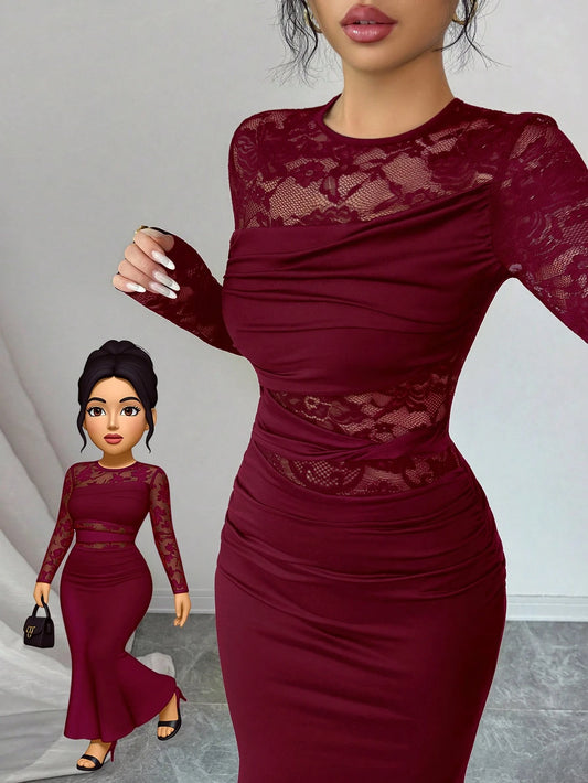 Glamine Elegant Burgundy Autumn Dress For Women, Ruched Lace Splice Milk Silk Bodycon Long Sleeve Round Neck Dress,Dining Party Slay Diva Wine Dress