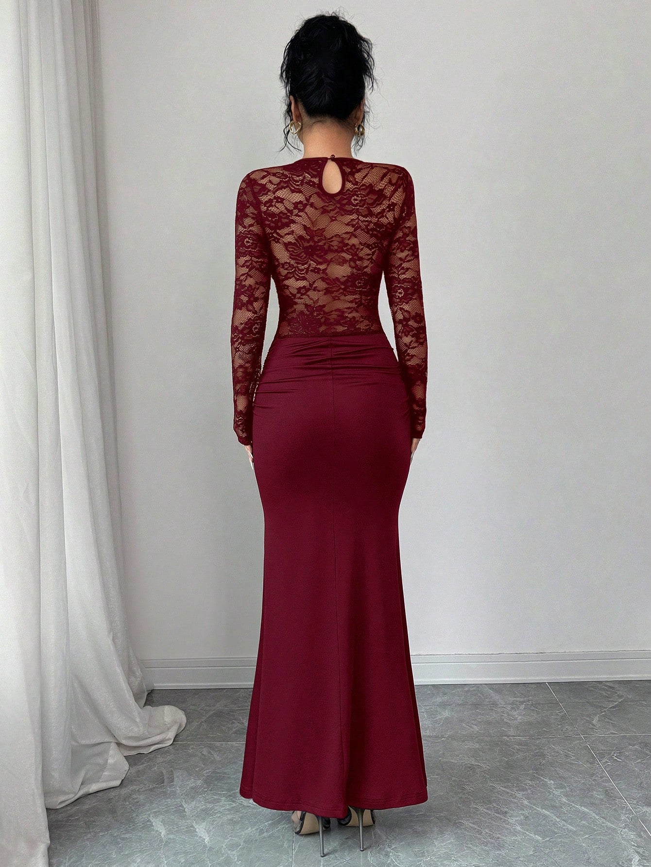 Glamine Elegant Burgundy Autumn Dress For Women, Ruched Lace Splice Milk Silk Bodycon Long Sleeve Round Neck Dress,Dining Party Slay Diva Wine Dress