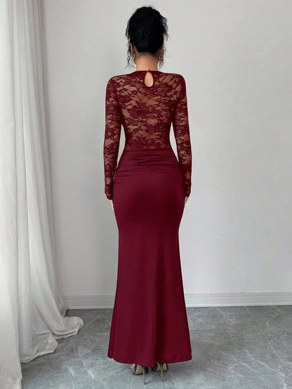 Glamine Elegant Burgundy Autumn Dress For Women, Ruched Lace Splice Milk Silk Bodycon Long Sleeve Round Neck Dress,Dining Party Slay Diva Wine Dress