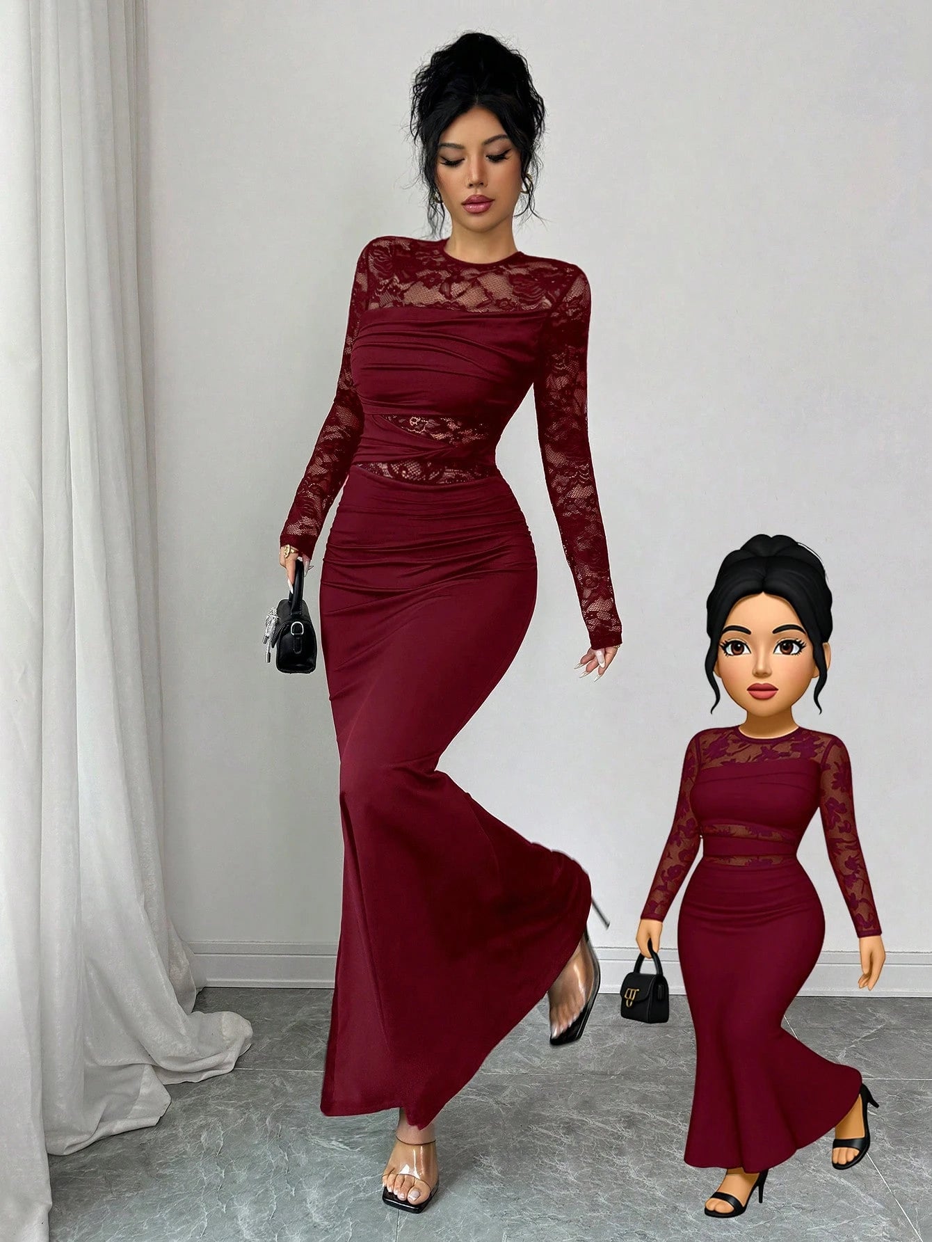 Glamine Elegant Burgundy Autumn Dress For Women, Ruched Lace Splice Milk Silk Bodycon Long Sleeve Round Neck Dress,Dining Party Slay Diva Wine Dress