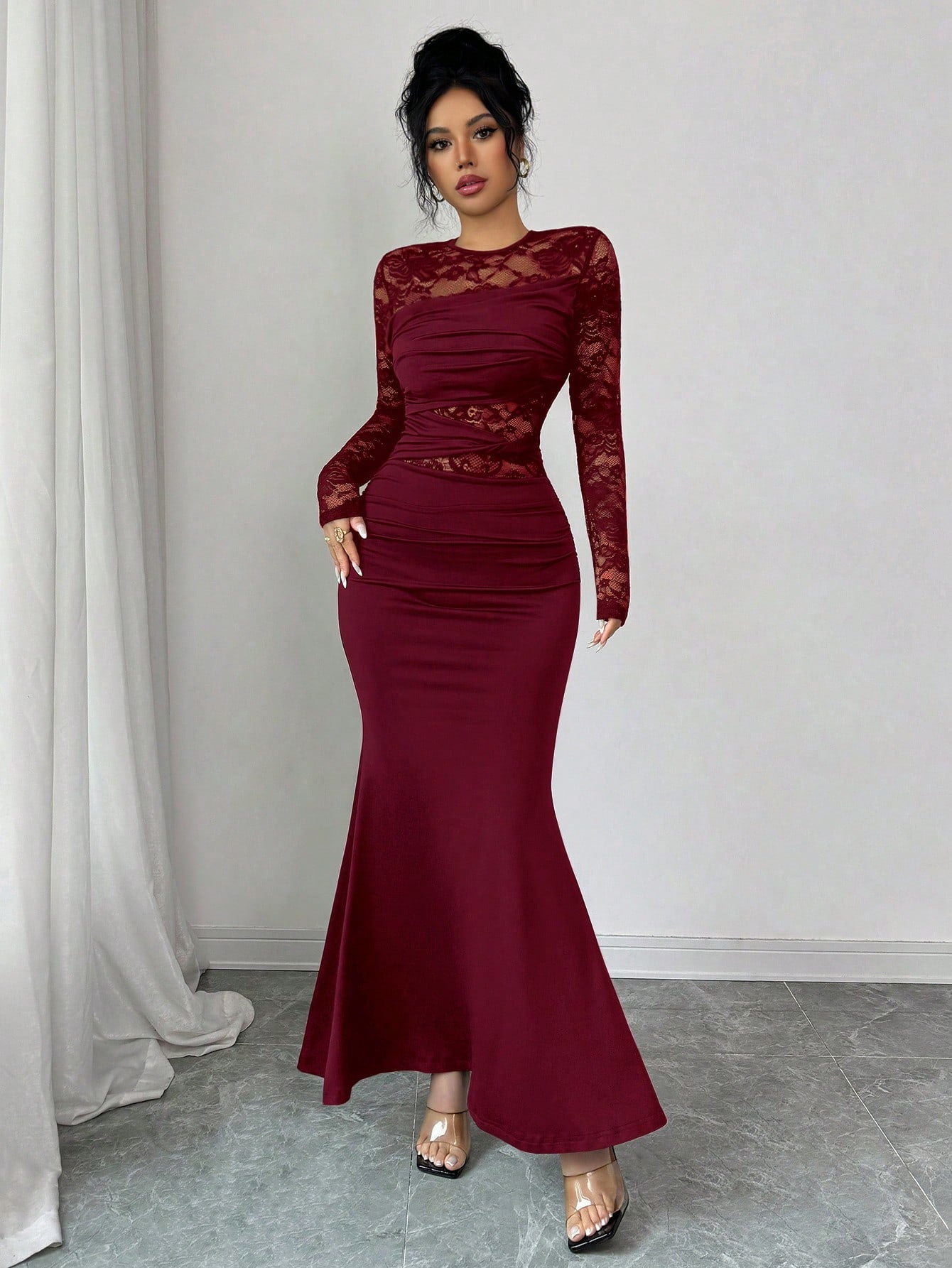 Glamine Elegant Burgundy Autumn Dress For Women, Ruched Lace Splice Milk Silk Bodycon Long Sleeve Round Neck Dress,Dining Party Slay Diva Wine Dress