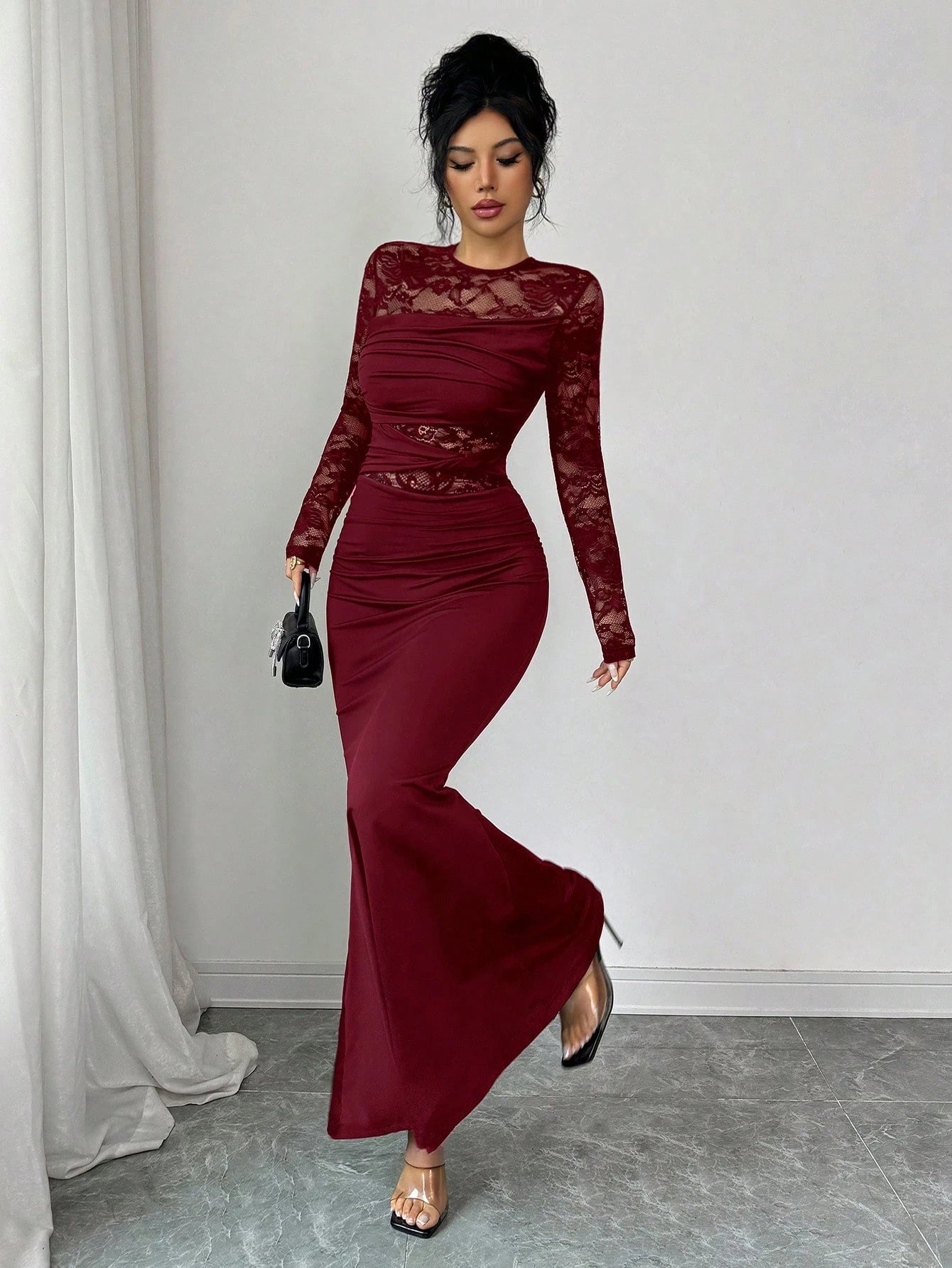 Glamine Elegant Burgundy Autumn Dress For Women, Ruched Lace Splice Milk Silk Bodycon Long Sleeve Round Neck Dress,Dining Party Slay Diva Wine Dress