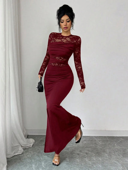 Glamine Elegant Burgundy Autumn Dress For Women, Ruched Lace Splice Milk Silk Bodycon Long Sleeve Round Neck Dress,Dining Party Slay Diva Wine Dress