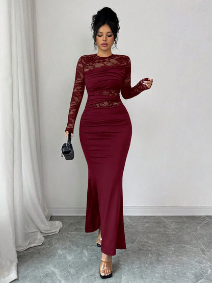 Glamine Elegant Burgundy Autumn Dress For Women, Ruched Lace Splice Milk Silk Bodycon Long Sleeve Round Neck Dress,Dining Party Slay Diva Wine Dress