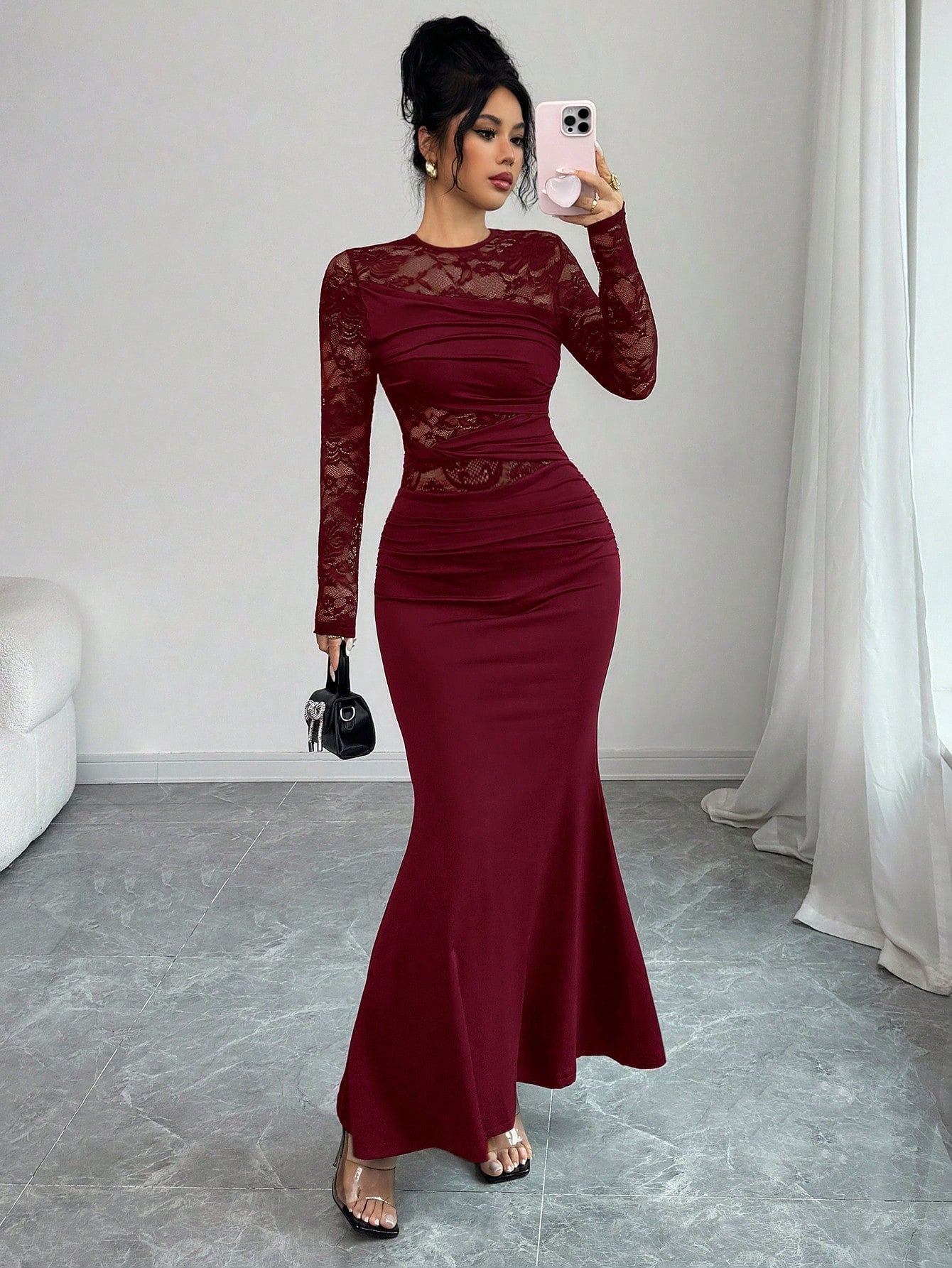 Glamine Elegant Burgundy Autumn Dress For Women, Ruched Lace Splice Milk Silk Bodycon Long Sleeve Round Neck Dress,Dining Party Slay Diva Wine Dress
