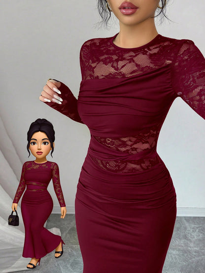 Glamine Elegant Burgundy Autumn Dress For Women, Ruched Lace Splice Milk Silk Bodycon Long Sleeve Round Neck Dress,Dining Party Slay Diva Wine Dress