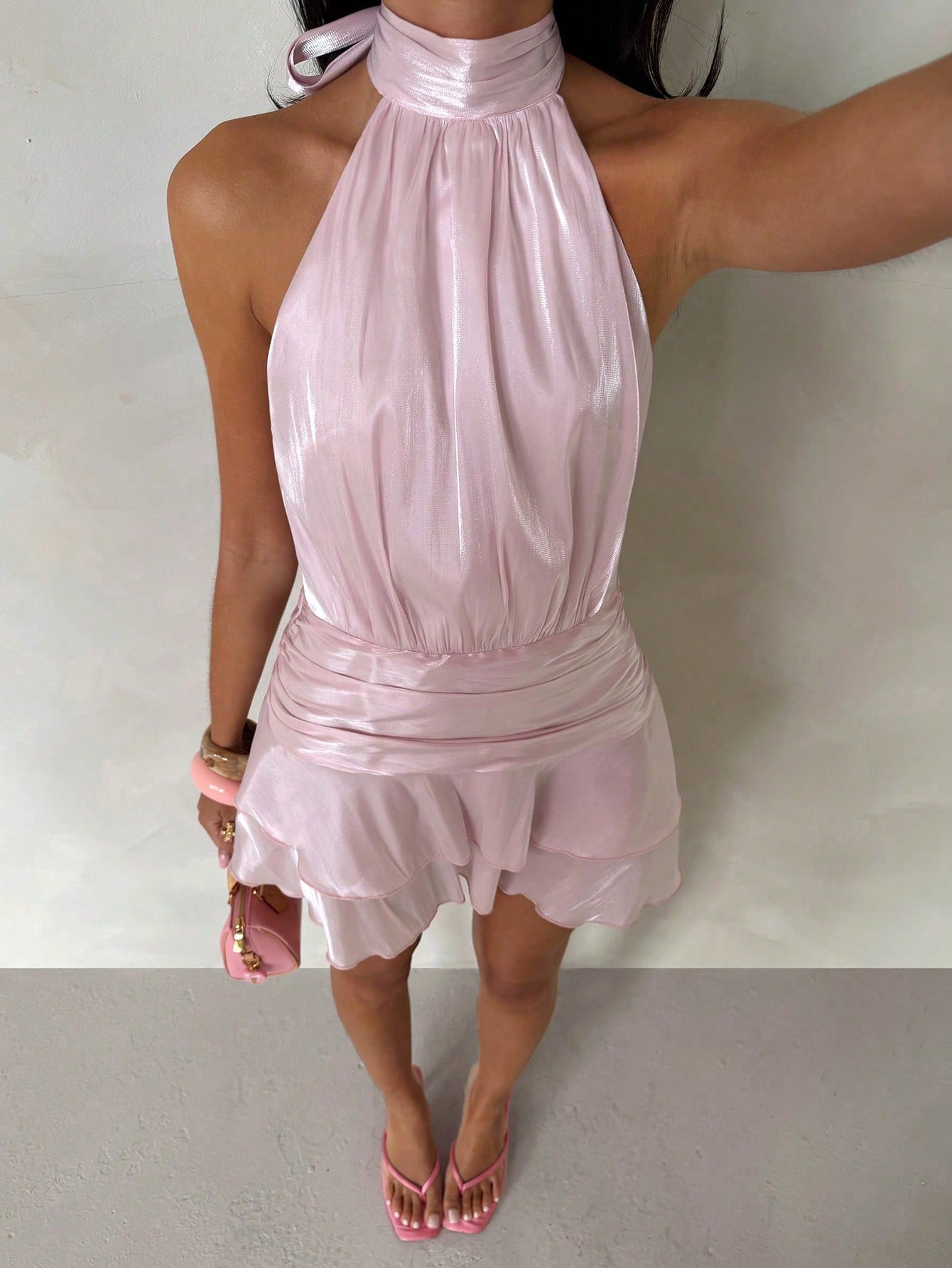 Glamine Women's Light Pink Satin Chiffon Halter Neck Backless Mini Dress,70s Waist Exposed Double Ruffle Hem A-Line Summer Party Birthday Outfit,Short