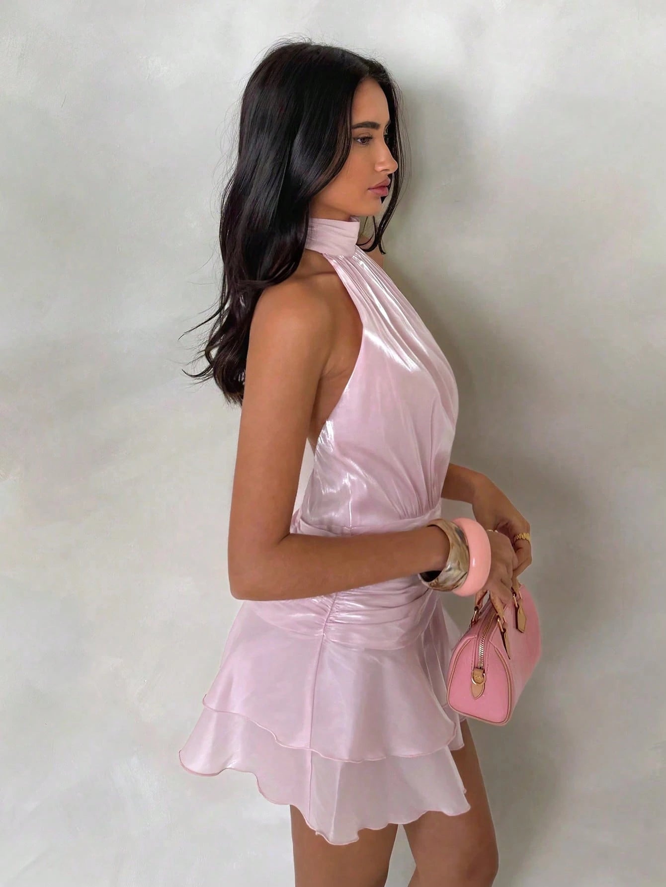 Glamine Women's Light Pink Satin Chiffon Halter Neck Backless Mini Dress,70s Waist Exposed Double Ruffle Hem A-Line Summer Party Birthday Outfit,Short