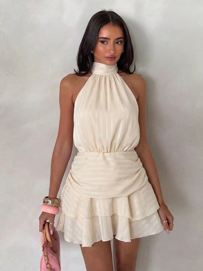Glamine Women's Light Pink Satin Chiffon Halter Neck Backless Mini Dress,70s Waist Exposed Double Ruffle Hem A-Line Summer Party Birthday Outfit,Short