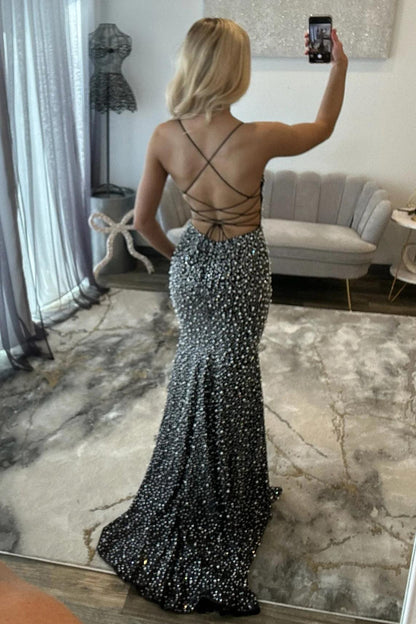 Glamorous Black Pearl Beaded Spaghetti Straps Mermaid Prom Dress