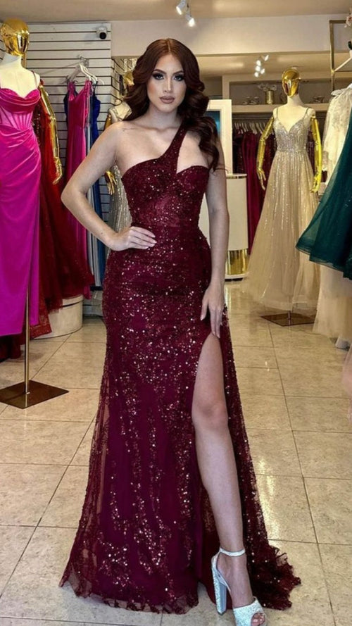 Glitter Burgundy Sequin Prom Dress, Slit Party Dress,AST1720
