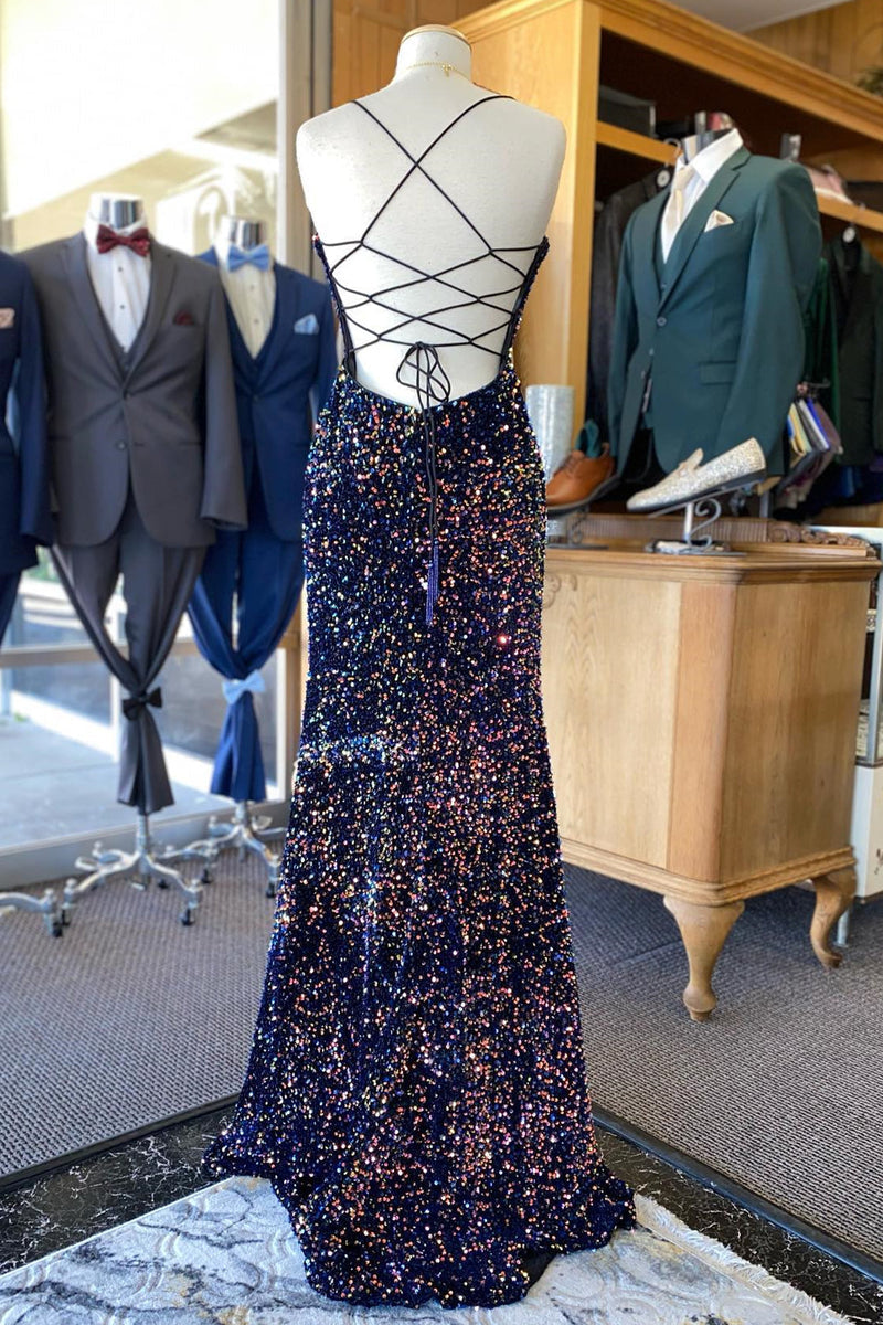 Glitter Dark Navy Blue Sequin Mermaid Formal Dress