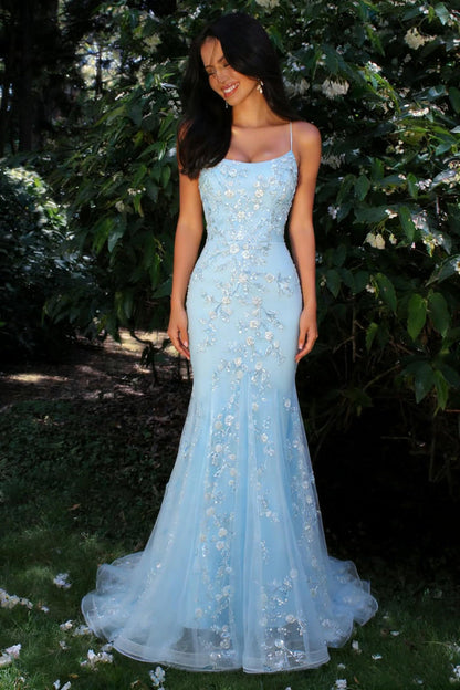 Glitter Light Blue Spaghetti Straps Floral Appliqu¨¦ Mermaid Prom Dress