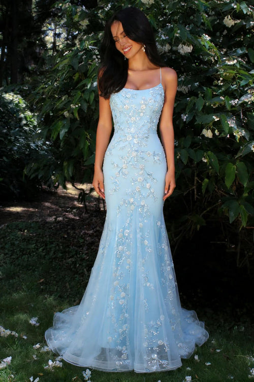 Glitter Light Blue Spaghetti Straps Floral Appliqu¨¦ Mermaid Prom Dress