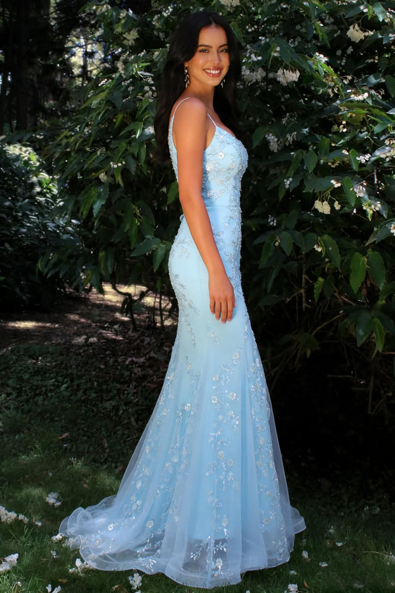 Glitter Light Blue Spaghetti Straps Floral Appliqu¨¦ Mermaid Prom Dress
