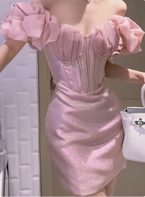 Glitter Pink Off The Shoulder Homecoming Dresses Tight Sweetheart Mini Party Dress,AST1953