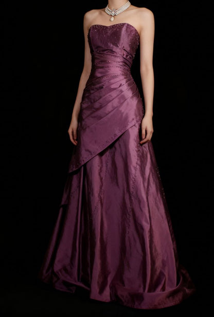 Glitter Strapless Beaded A-line Pleated Long Prom Dresses,AST2321