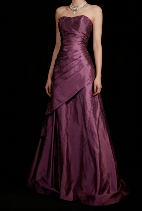Glitter Strapless Beaded A-line Pleated Long Prom Dresses,AST2321