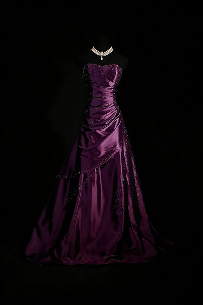 Glitter Strapless Beaded A-line Pleated Long Prom Dresses,AST2321