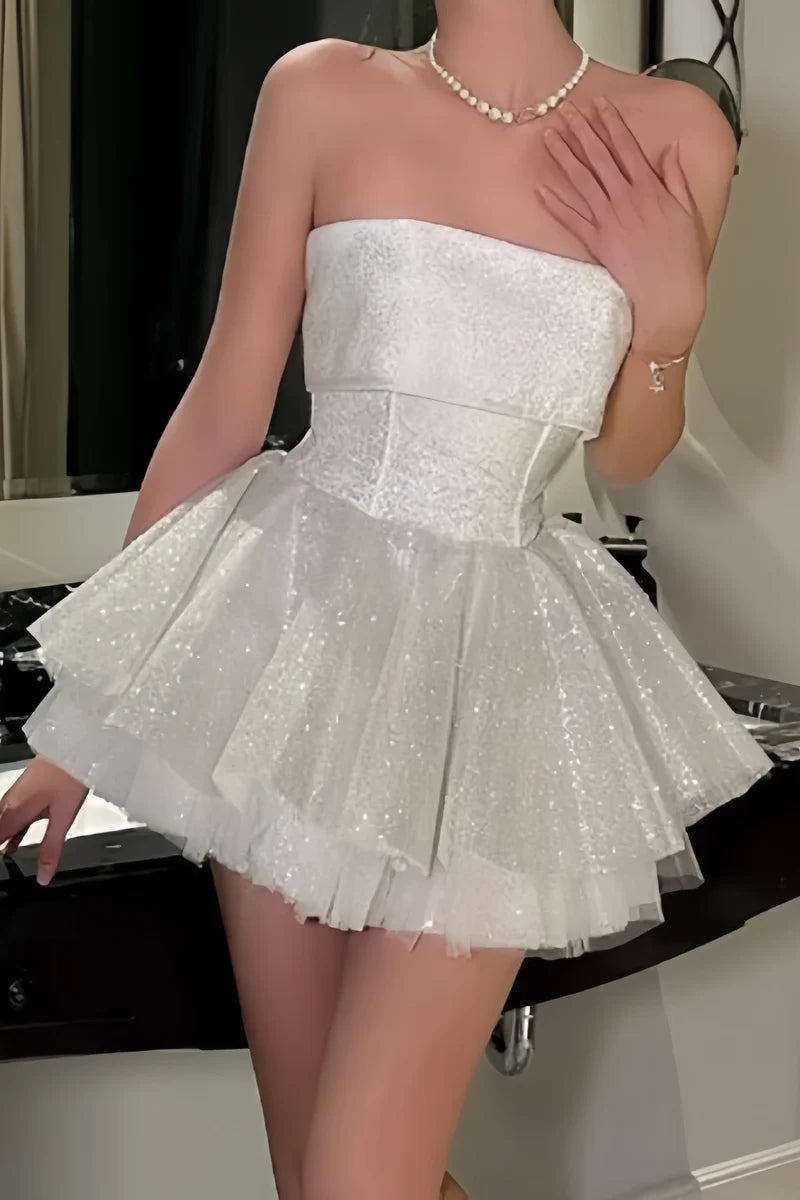 Glitter White Homecoming Dress Strapless Graduation Party Ball Gown, AST1945