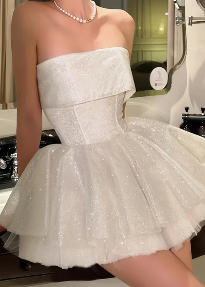 Glitter White Homecoming Dress Strapless Graduation Party Ball Gown, AST1945