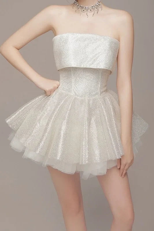 Glitter White Homecoming Dress Strapless Graduation Party Ball Gown, AST1945