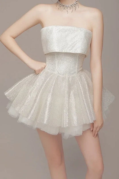 Glitter White Homecoming Dress Strapless Graduation Party Ball Gown, AST1945