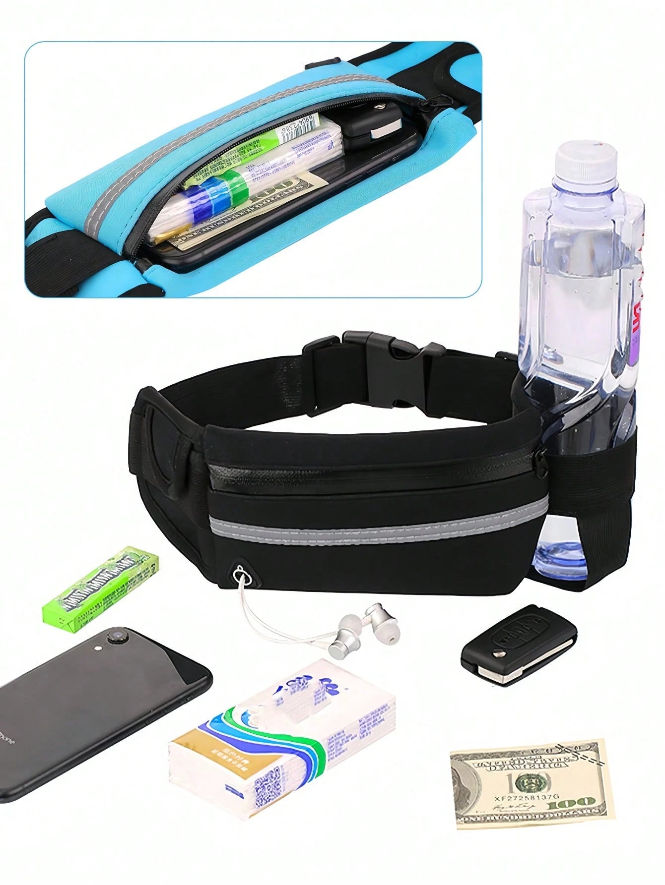 Glow Belt Bag With Adjustable Strap And Water Bottle Pocket Carry Phone High-Stretch Running Waist Bag Men And Women Reflective Strips Design For Night Running For Outdoors Workout Traveling Casual Hi