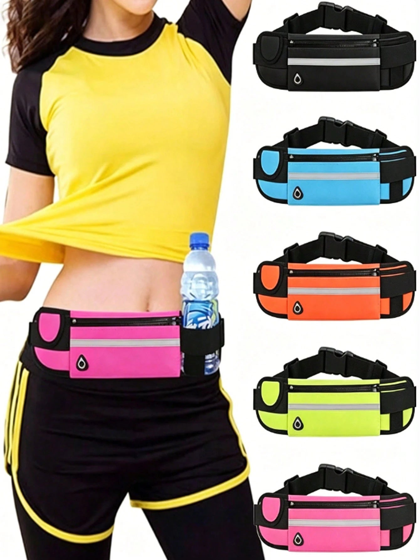 Glow Belt Bag With Adjustable Strap And Water Bottle Pocket Carry Phone High-Stretch Running Waist Bag Men And Women Reflective Strips Design For Night Running For Outdoors Workout Traveling Casual Hi