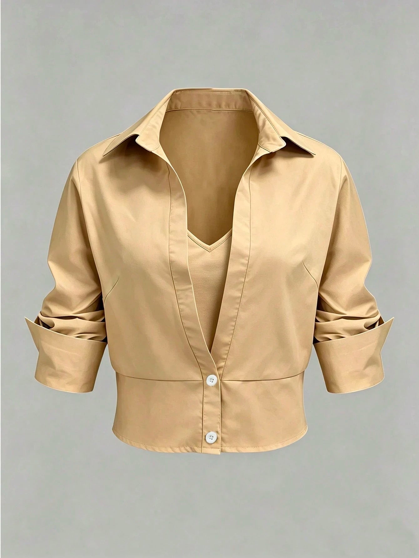 GlowEve CURVE Apricot 2 In 1 Waist-Cinching Blouse For Women, Design V-Neck Slimming Commuter Top, Professional Mature Style! Waist-Cinching 2 In 1 Shirt, Flattering Slimming Lapel Short Sleeve Profes