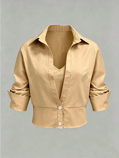 GlowEve CURVE Apricot 2 In 1 Waist-Cinching Blouse For Women, Design V-Neck Slimming Commuter Top, Professional Mature Style! Waist-Cinching 2 In 1 Shirt, Flattering Slimming Lapel Short Sleeve Profes