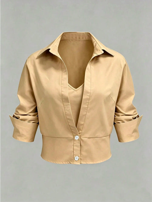 GlowEve CURVE Apricot 2 In 1 Waist-Cinching Blouse For Women, Design V-Neck Slimming Commuter Top, Professional Mature Style! Waist-Cinching 2 In 1 Shirt, Flattering Slimming Lapel Short Sleeve Profes