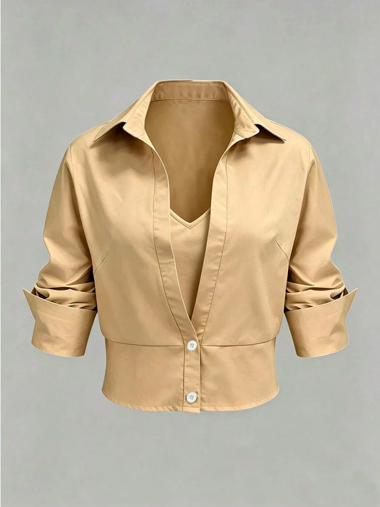 GlowEve CURVE Apricot 2 In 1 Waist-Cinching Blouse For Women, Design V-Neck Slimming Commuter Top, Professional Mature Style! Waist-Cinching 2 In 1 Shirt, Flattering Slimming Lapel Short Sleeve Profes