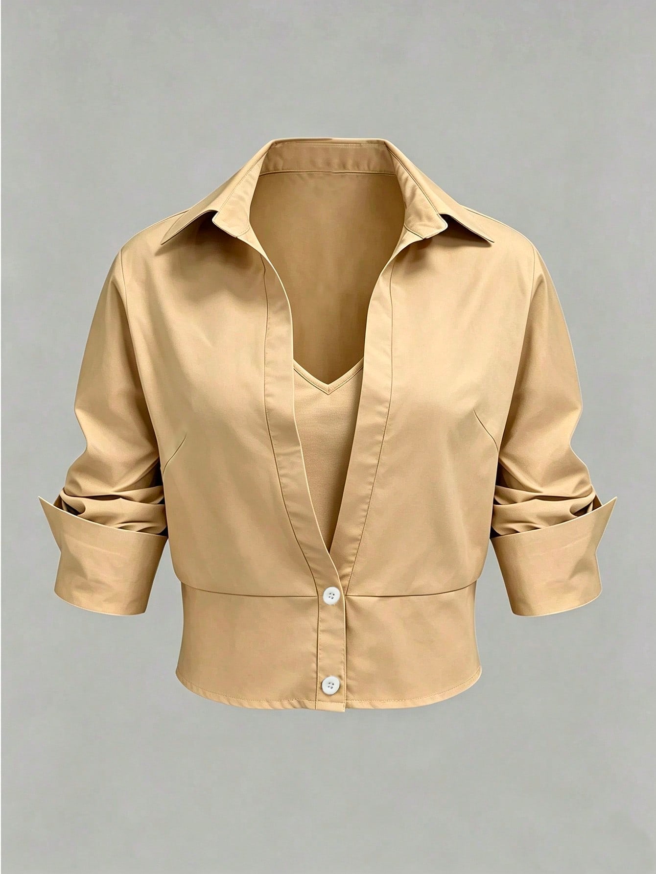 GlowEve CURVE Apricot 2 In 1 Waist-Cinching Blouse For Women, Design V-Neck Slimming Commuter Top, Professional Mature Style! Waist-Cinching 2 In 1 Shirt, Flattering Slimming Lapel Short Sleeve Profes