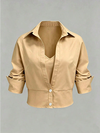 GlowEve CURVE Apricot 2 In 1 Waist-Cinching Blouse For Women, Design V-Neck Slimming Commuter Top, Professional Mature Style! Waist-Cinching 2 In 1 Shirt, Flattering Slimming Lapel Short Sleeve Profes