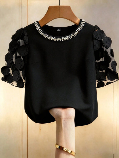GlowEve CURVE Plus Size Women Crew Neck Faux Pearl Decor Casual Versatile Daily Wear Blouse