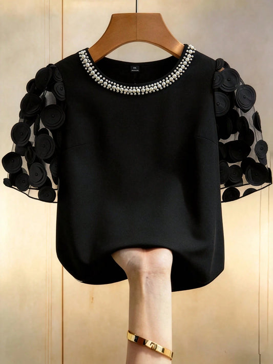 GlowEve CURVE Plus Size Women Crew Neck Faux Pearl Decor Casual Versatile Daily Wear Blouse