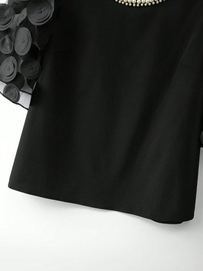 GlowEve CURVE Plus Size Women Crew Neck Faux Pearl Decor Casual Versatile Daily Wear Blouse