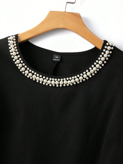 GlowEve CURVE Plus Size Women Crew Neck Faux Pearl Decor Casual Versatile Daily Wear Blouse